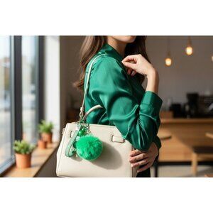 Green Pom Pom Keychain With Beaded Charm & "You Are Never Alone" Wrist Strap